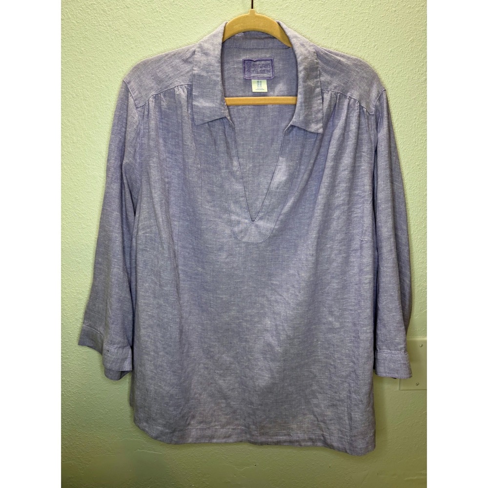 Sigrid Olsen Tunic Top Women's 1X Purple Linen Blend V-Neck 3/4 Sleeve Lagenlook